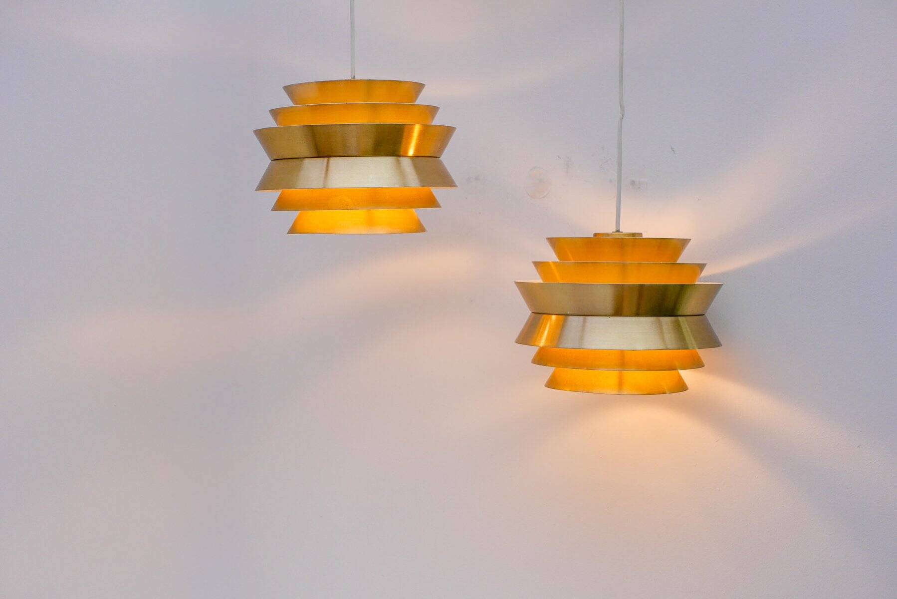 Brass-coloured metal pendant Trava lamps by Carl Thore, Sweden from Granhaga Metallindustri, 1960s, set of 2