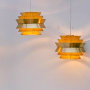 Brass-coloured metal pendant Trava lamps by Carl Thore, Sweden from Granhaga Metallindustri, 1960s, set of 2