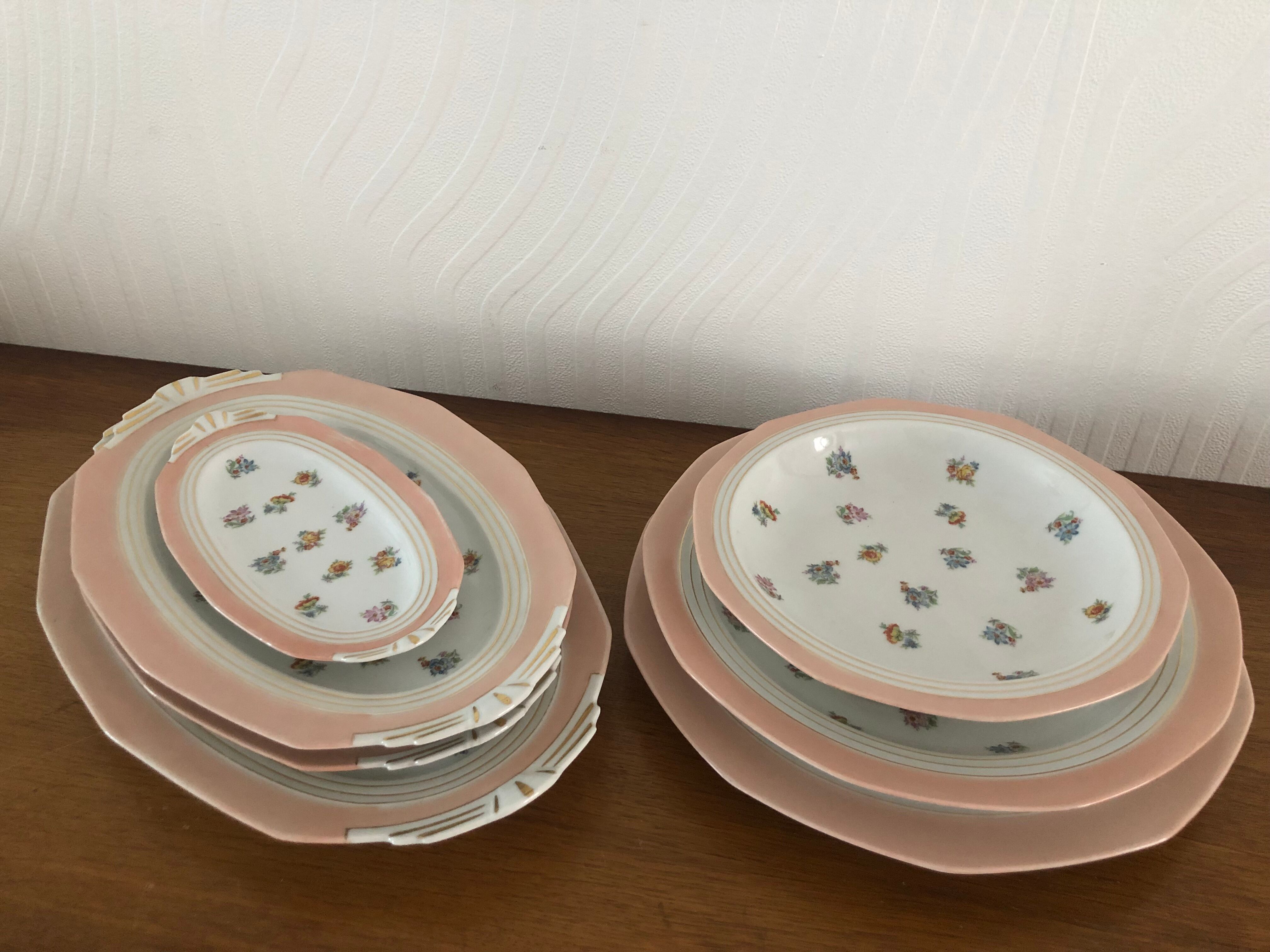 7 dishes Vintage Limoges porcelain pink and gold floral motifs