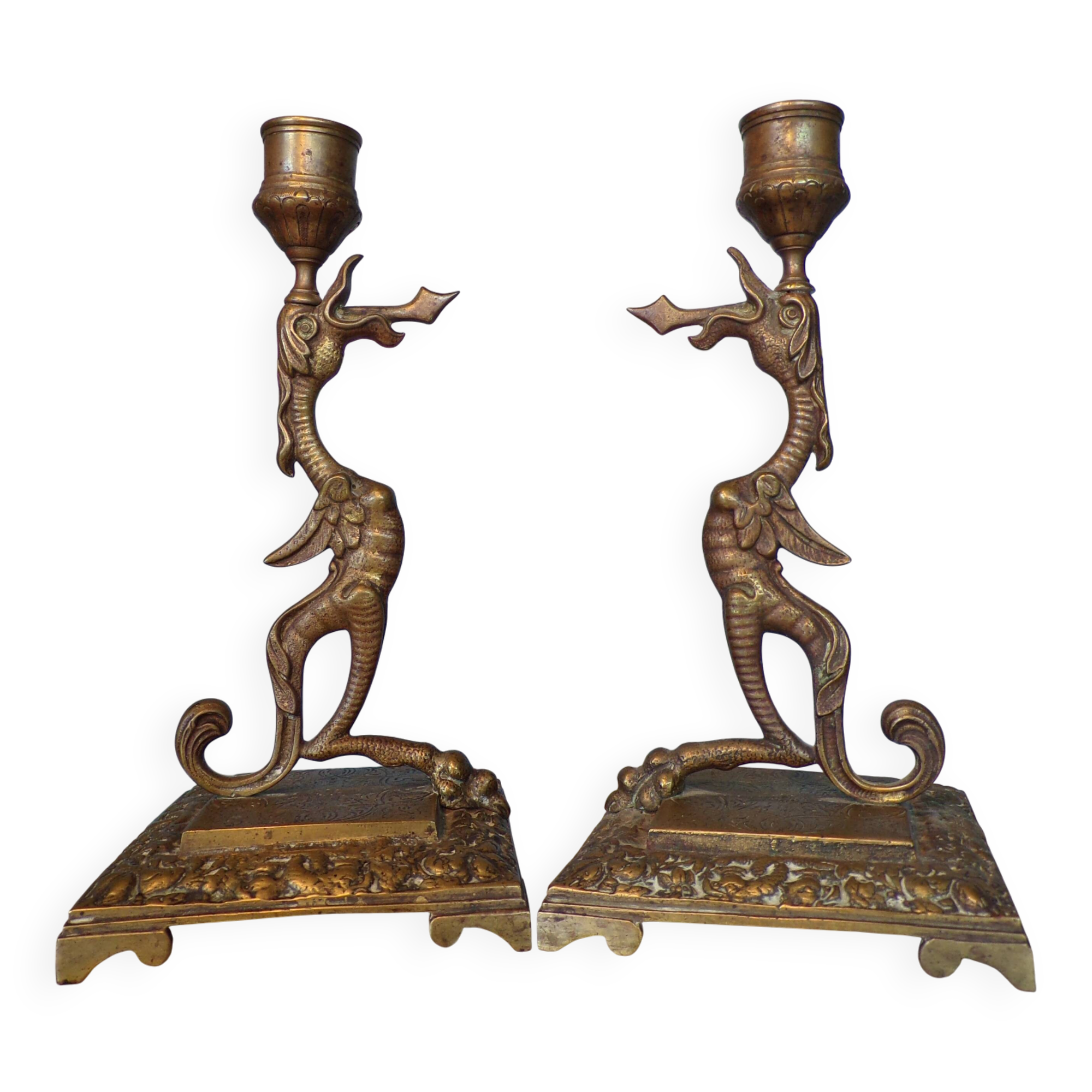 Pair of bronze chimera candlesticks
