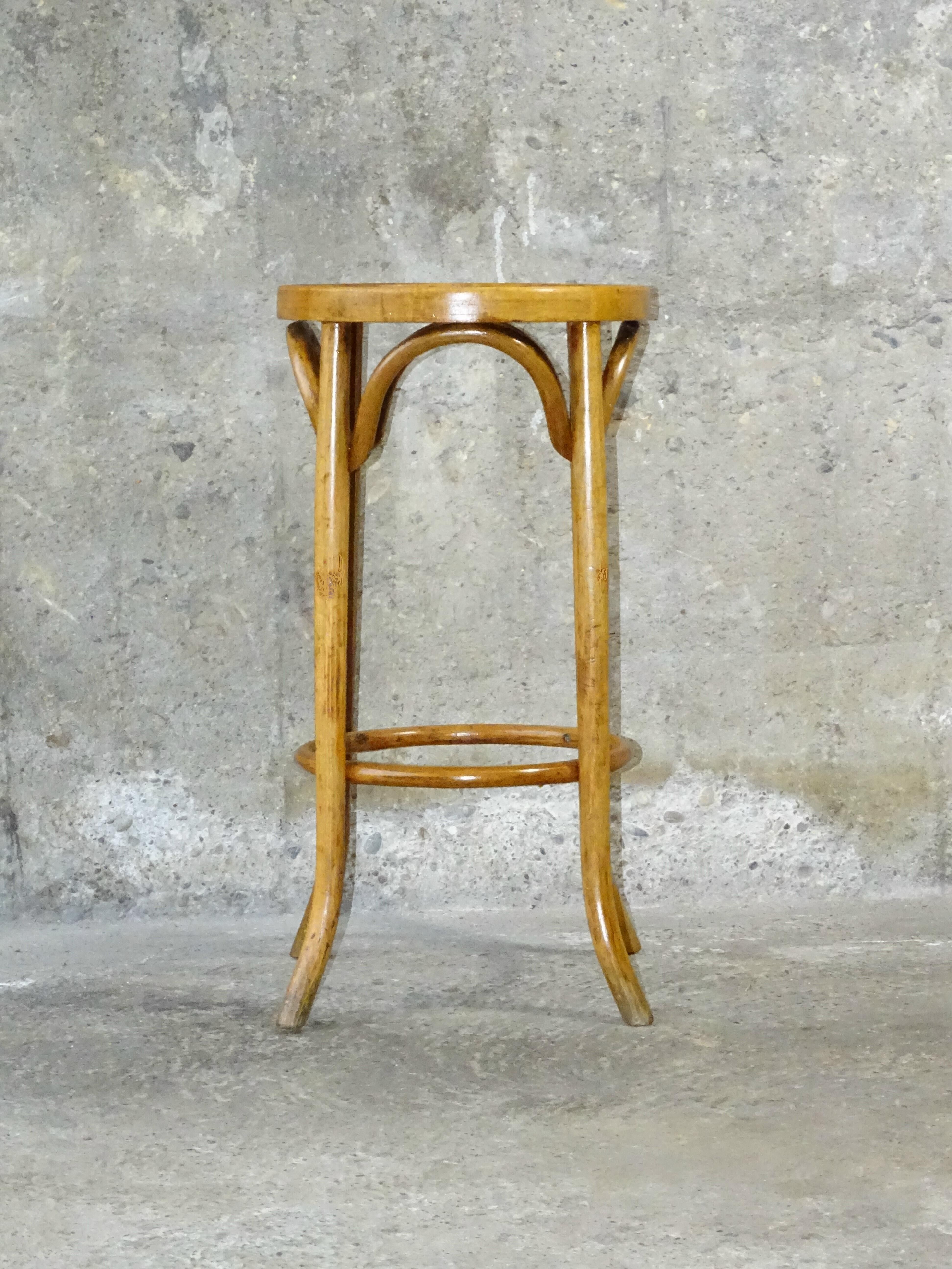 Wooden curved bistro stool 1950 Baumann