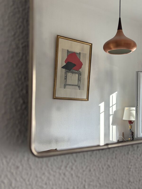 Miroir vintage 1960 triptyque barbier Mirbel simili lézard bleu Klein  - 27
