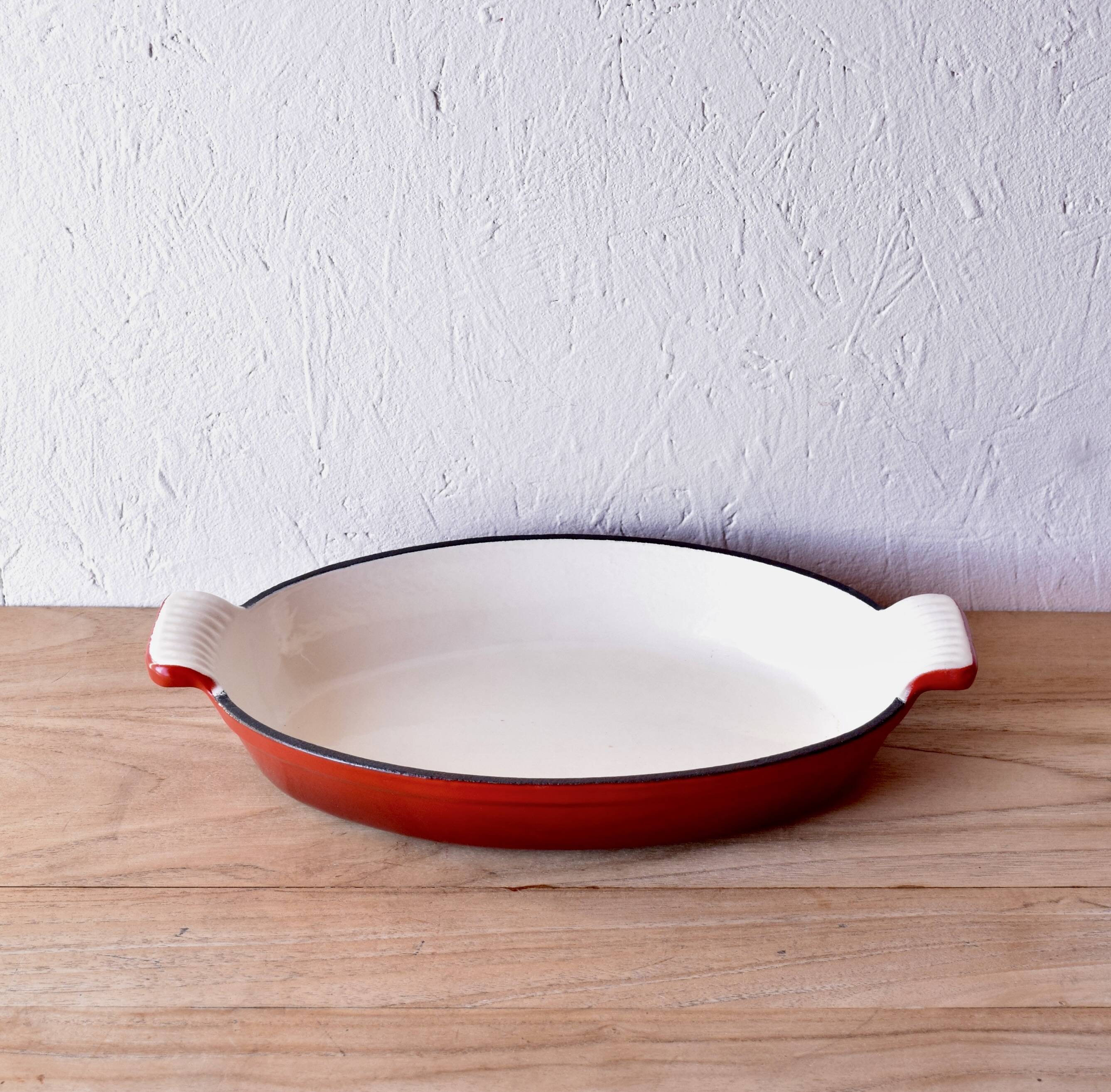 Red cast iron baking dish