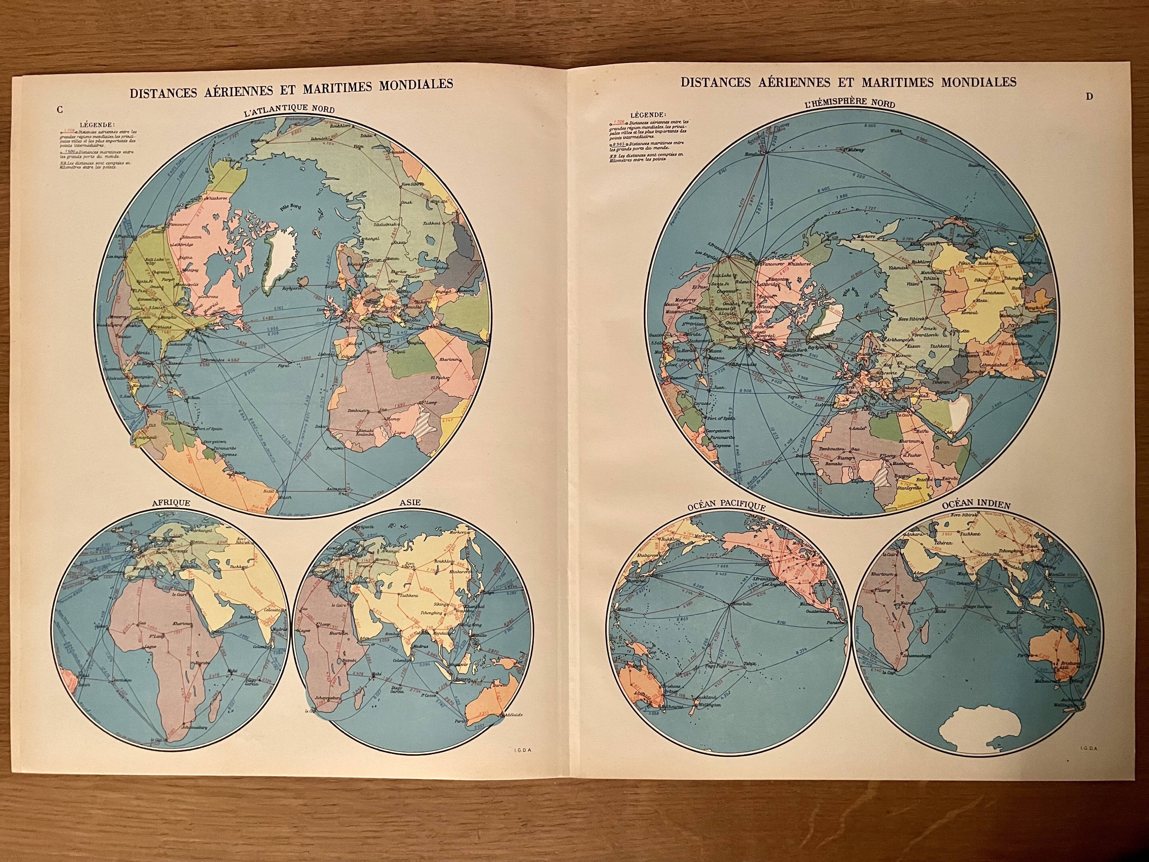 Lithographie ancienne mappemonde de 1951 (grand format)