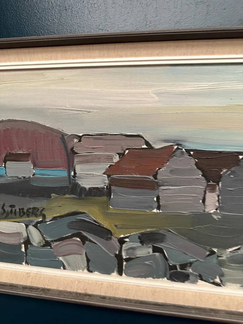 XL Original Swedish Oil on Canvas “Coastal Village” by Bo Sjöberg –Signed