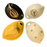 4 enameled ceramic bowls with gold or bird or flower pattern decoration, design and vintage 1950