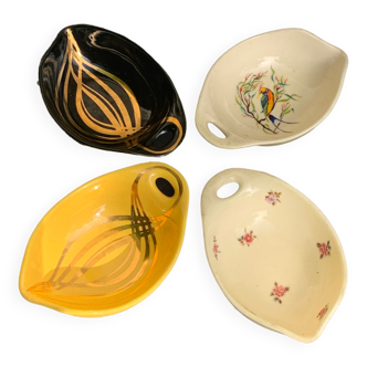 4 enameled ceramic bowls with gold or bird or flower pattern decoration, design and vintage 1950