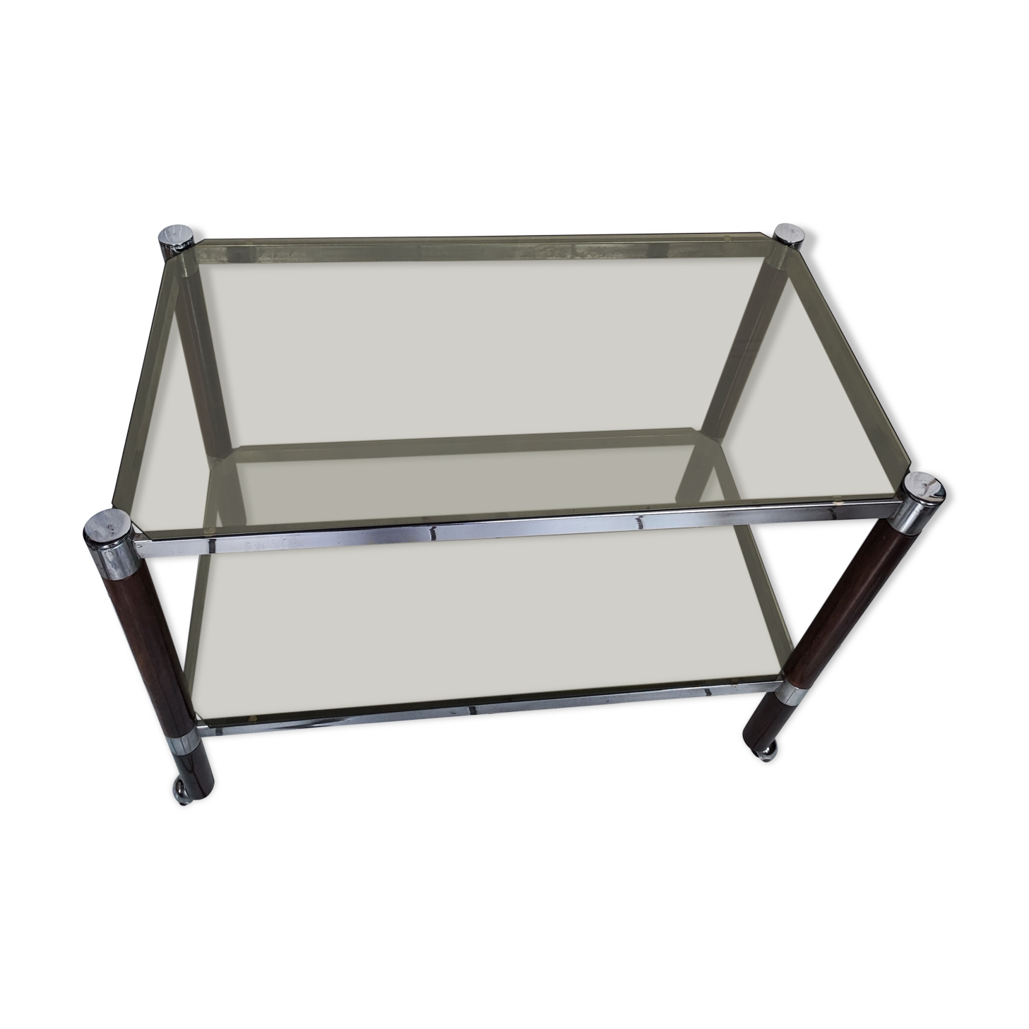 Smoked glass service two trays base wood and chrome metal