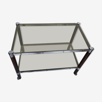 Smoked glass service two trays base wood and chrome metal