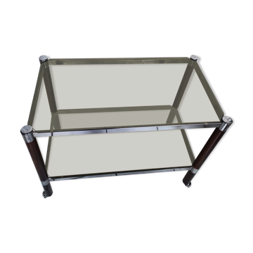 Smoked glass service two trays base wood and chrome metal