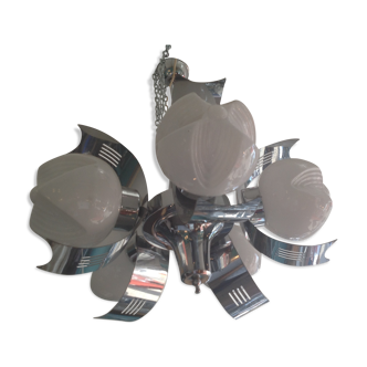Vintage chandelier in opaline and stainless steel, 70s.