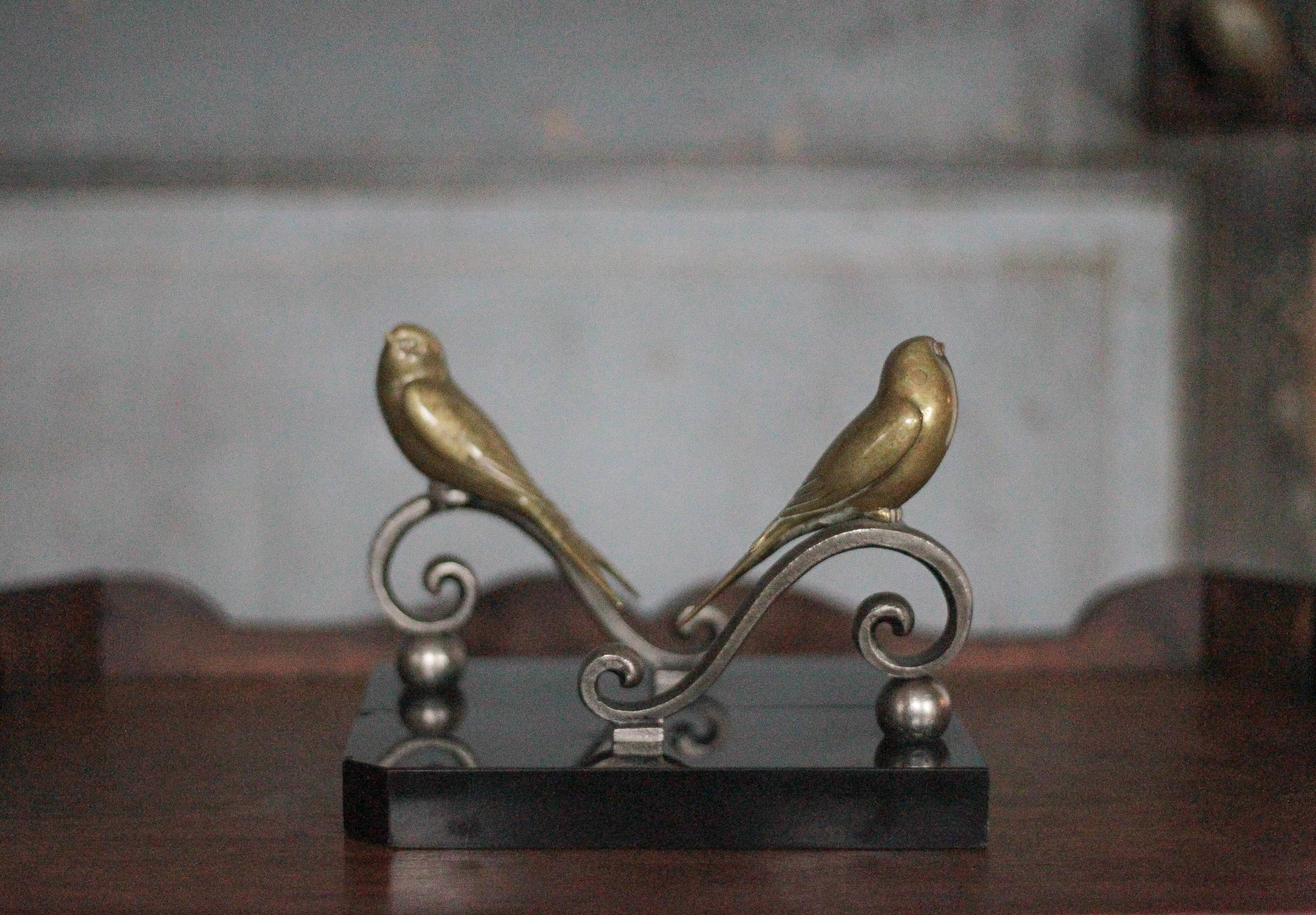 Serre-livres vintage, oiseau laiton socle marbre noir, animaux laiton