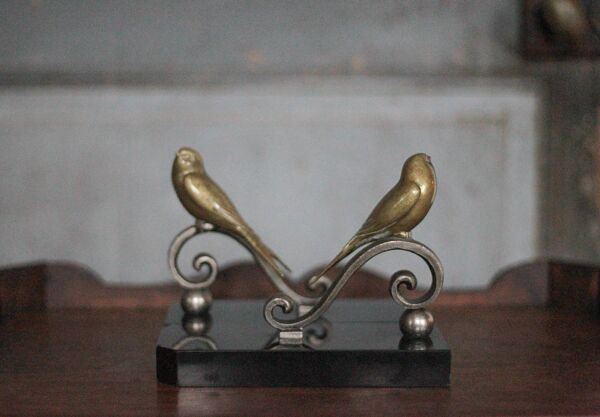 Serre-livres vintage, oiseau laiton socle marbre noir, animaux laiton