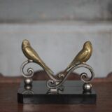 Serre-livres vintage, oiseau laiton socle marbre noir, animaux laiton