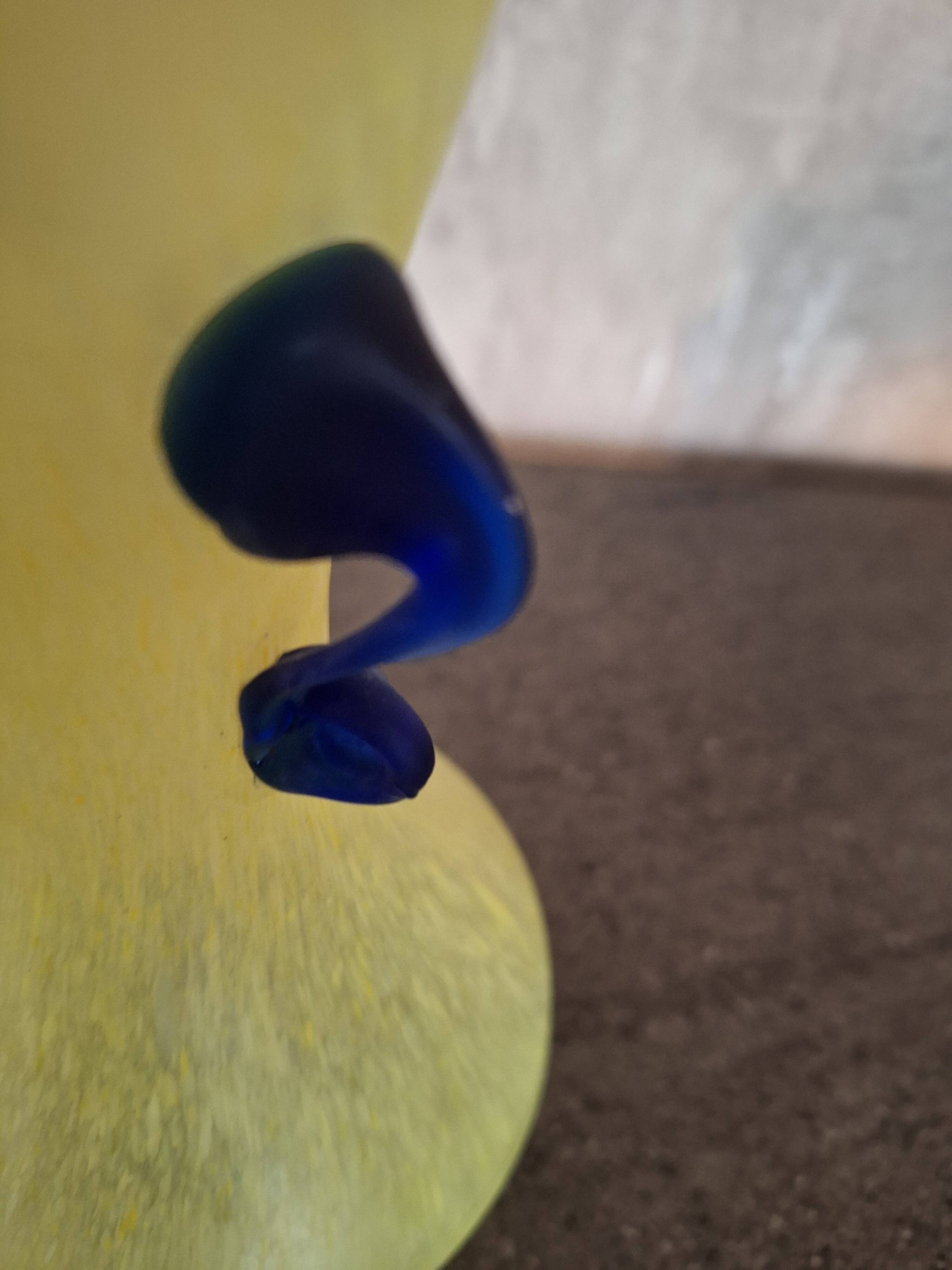 Yellow glass paste vase with navy blue handles