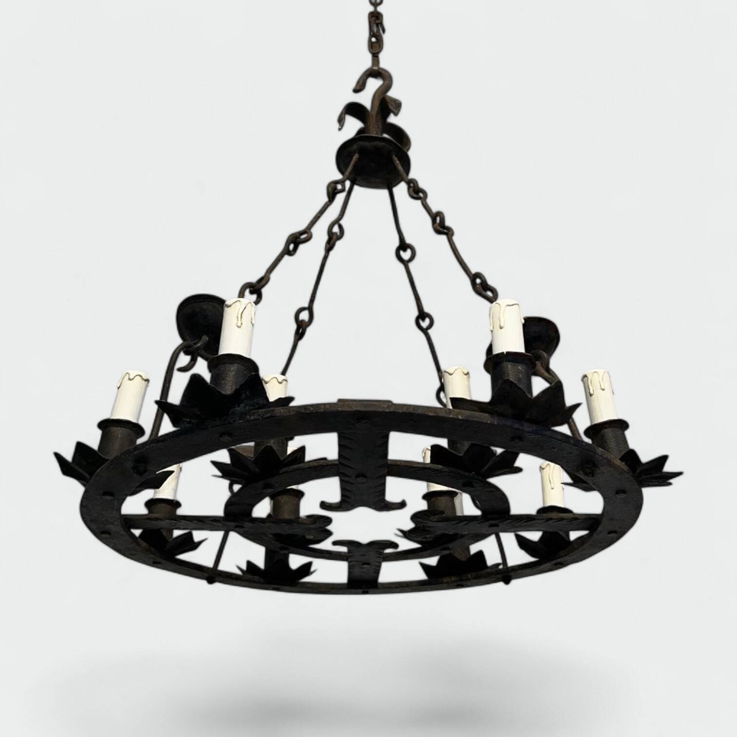 Wrought Iron Chandelier, 12 Lights, Gothic Style, French Work, circa 1