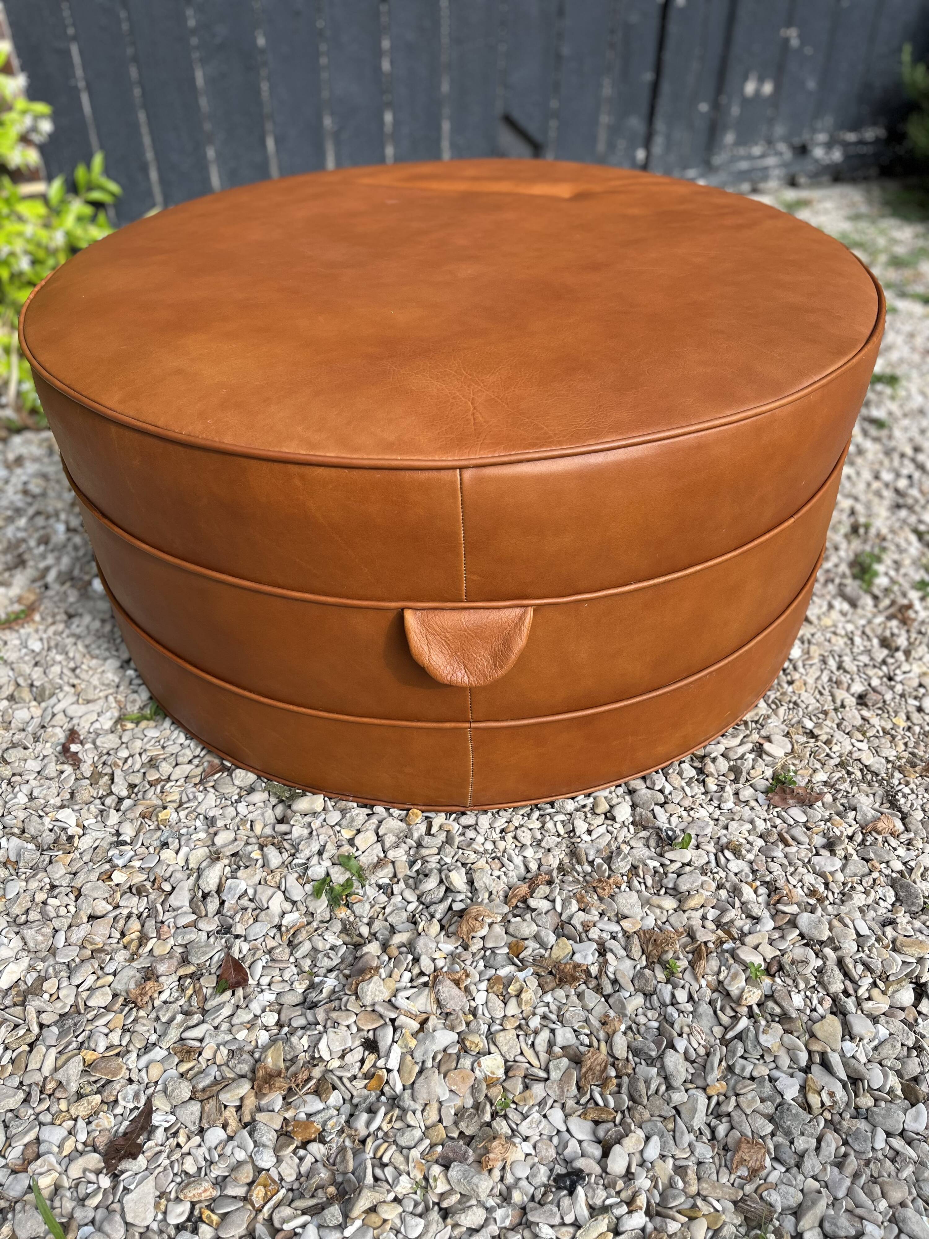 Large round cognac leather pouf