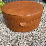 Large round cognac leather pouf