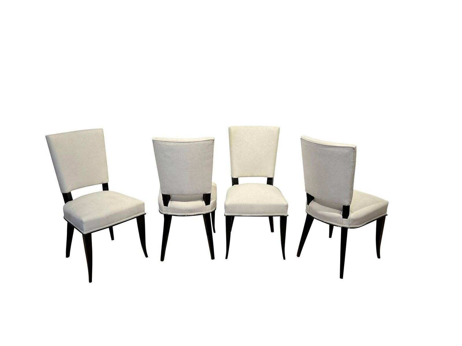 Art Deco Chairs in Black Lacquer in Cream Velour, France, 1930s, Set of 8