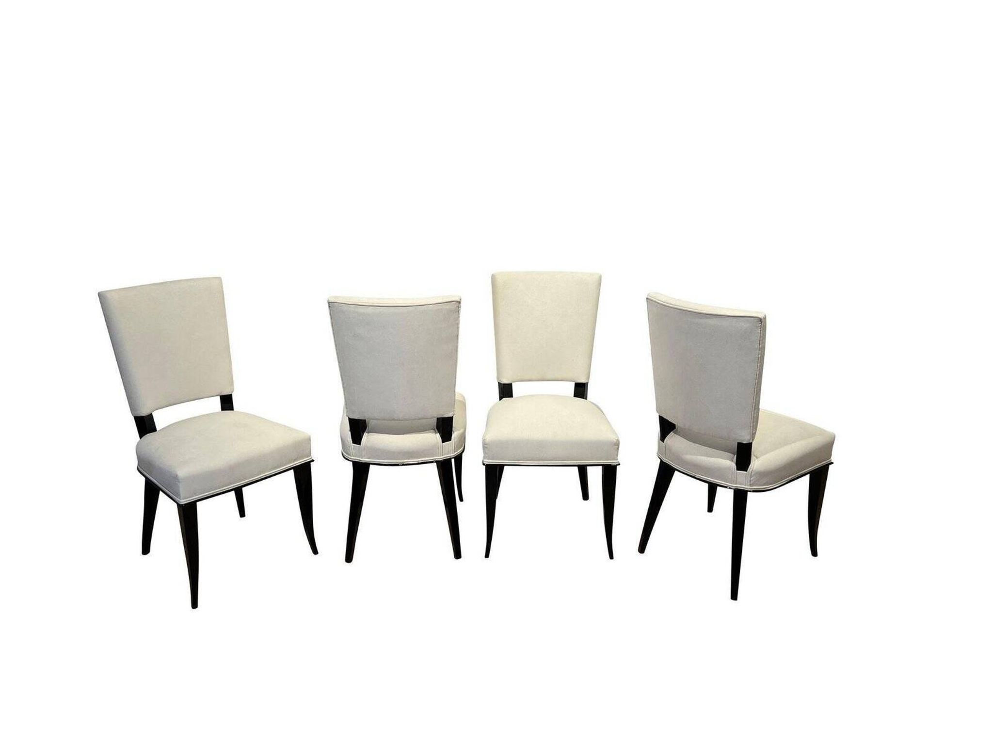Art Deco Chairs in Black Lacquer in Cream Velour, France, 1930s, Set of 8
