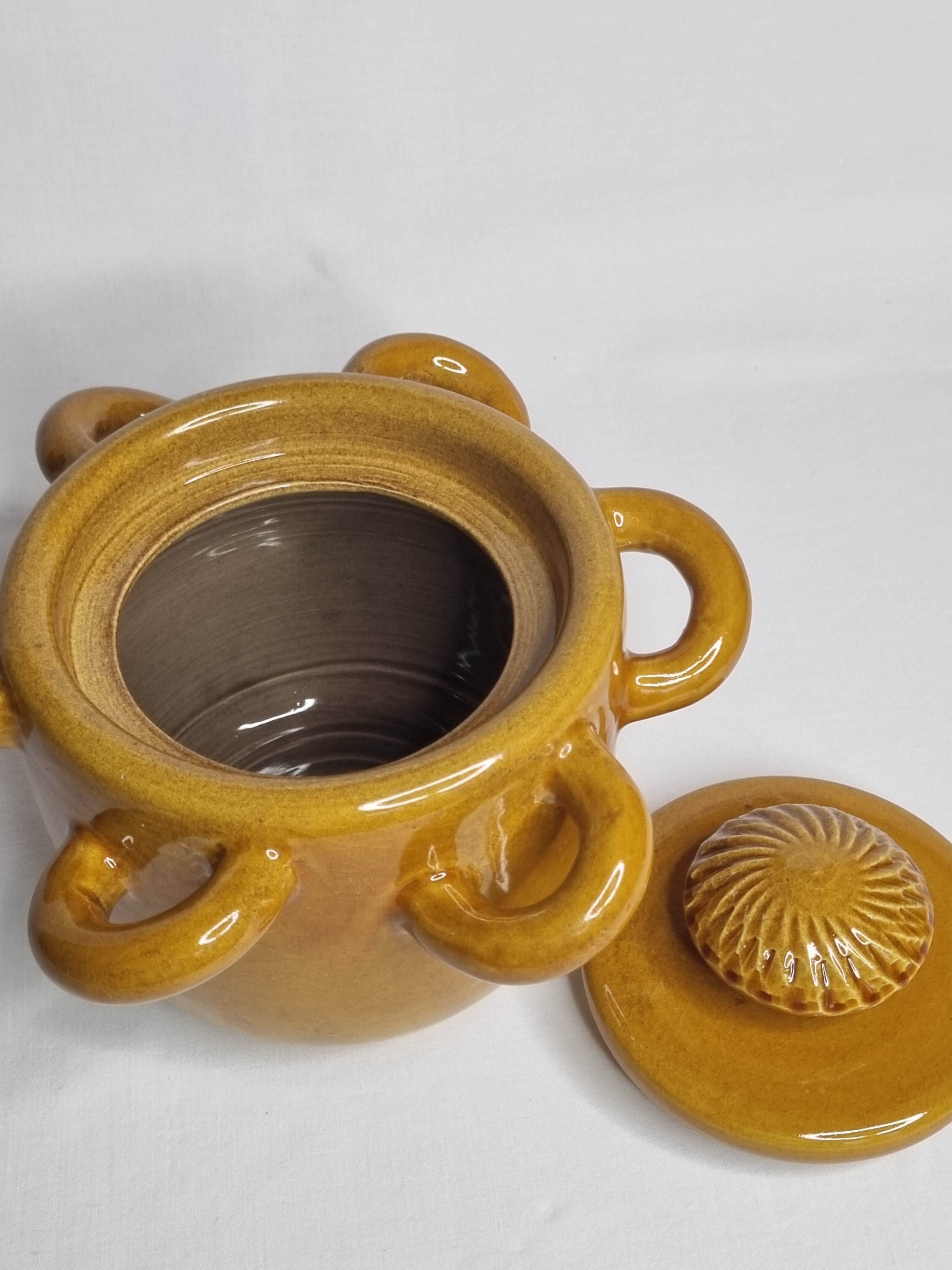 Vintage ceramic pot, ochre, with 8 handles