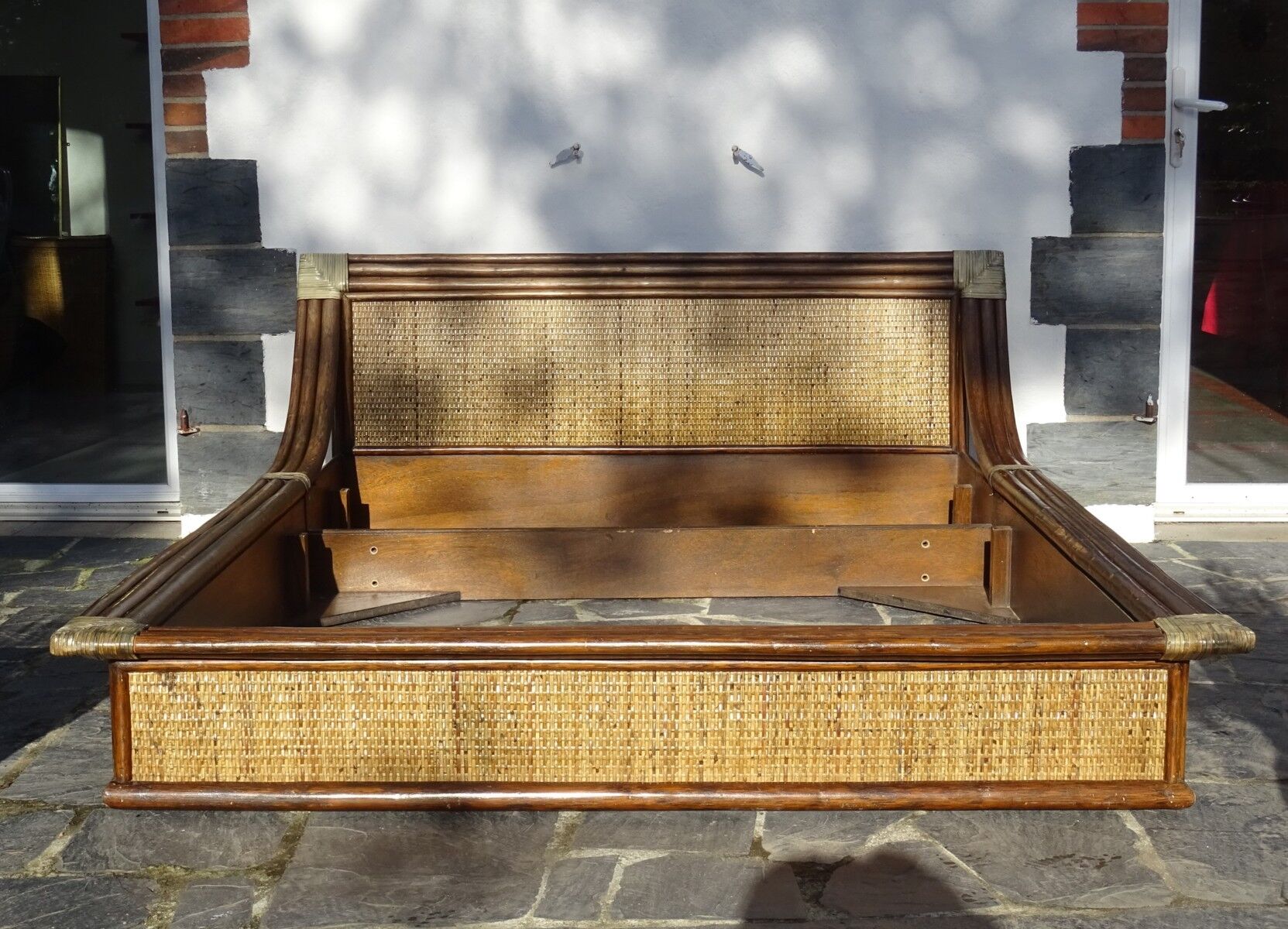 Lit double bambou et rotin années 80