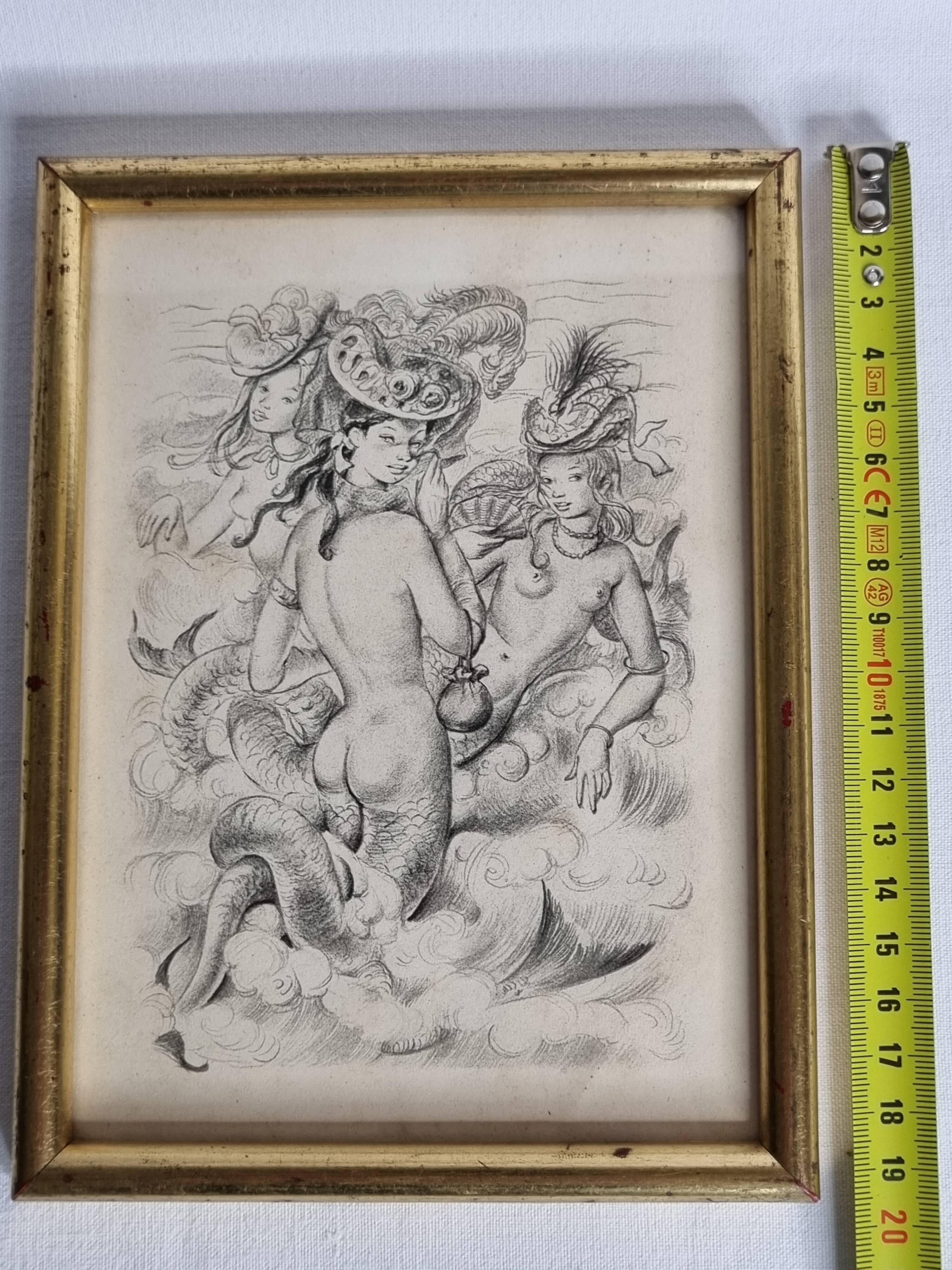 Engraving "Sirens" attributed to Suzanne Ballivet, framed under glass, 19 x 14 cm