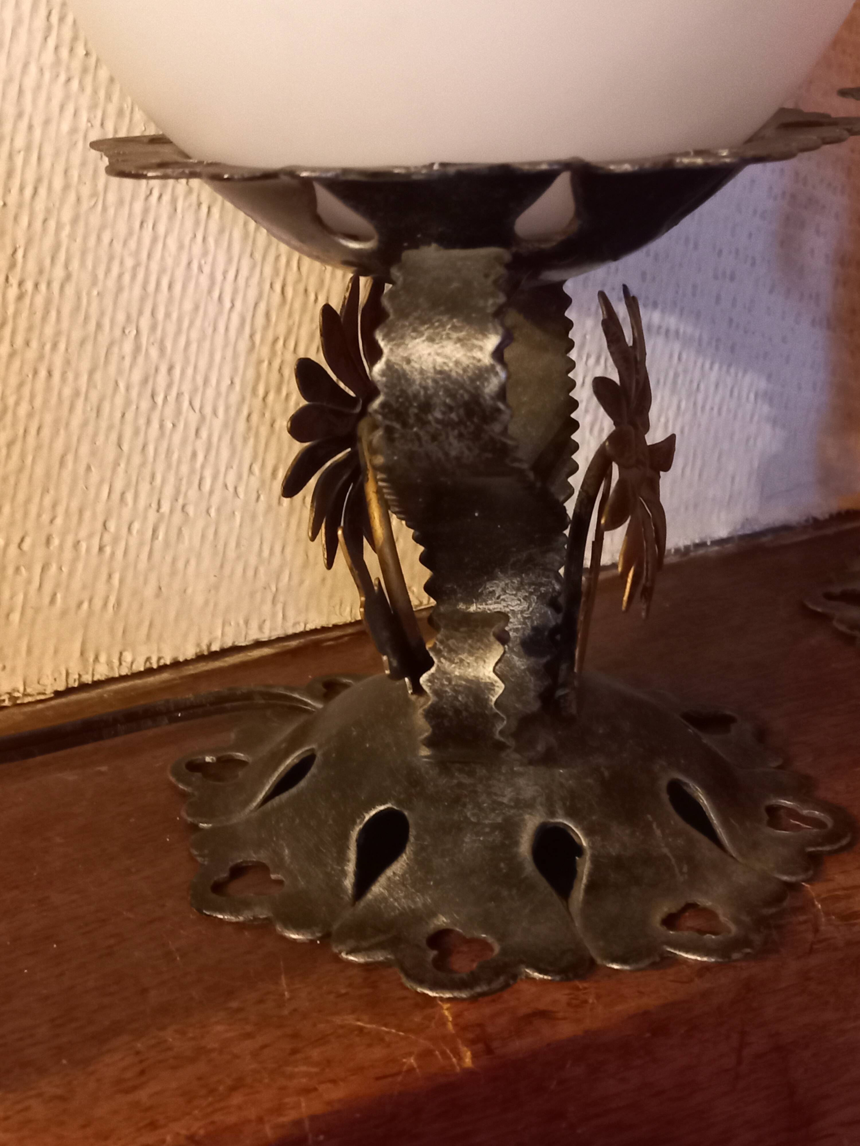 Pair of vintage wrought iron and opaline lamps from the 1960s.