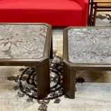 Pair of coffee tables in oak and fossil stone