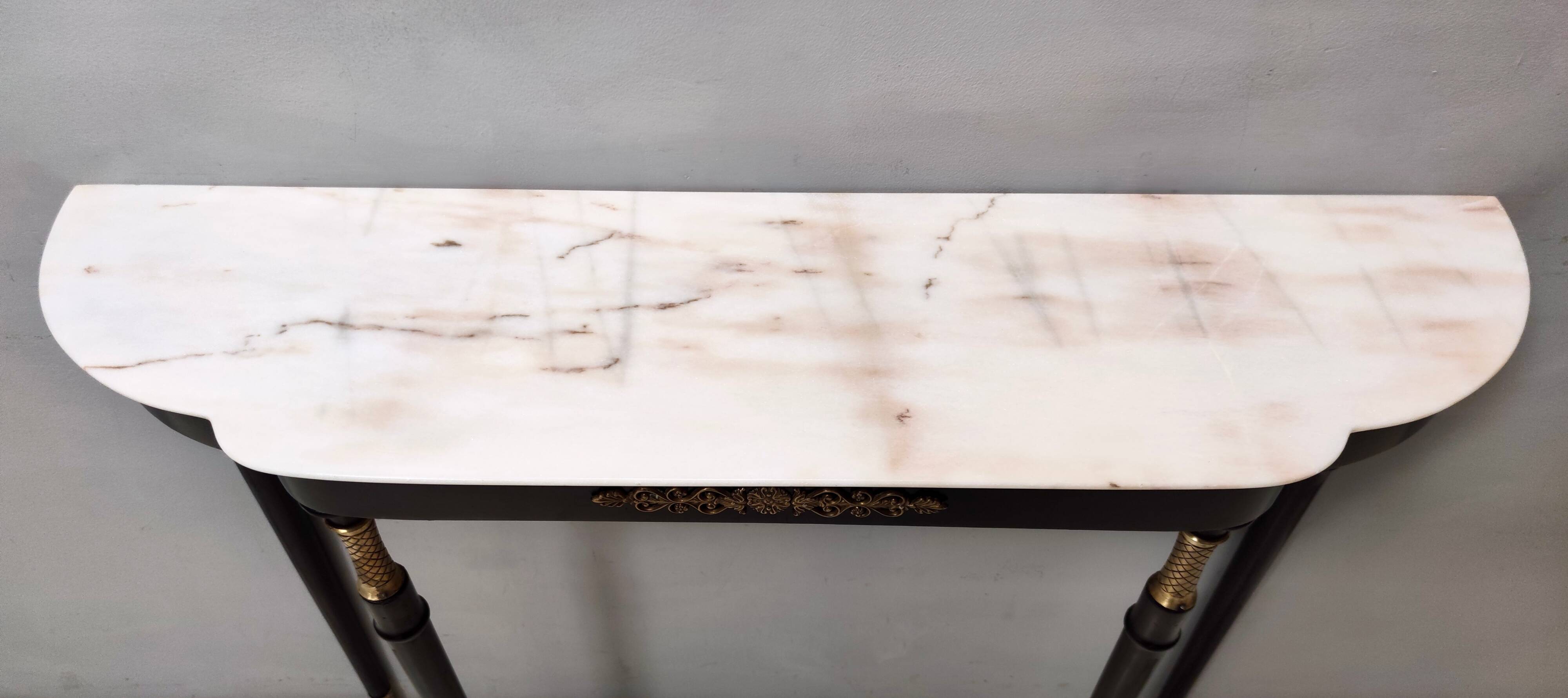 Vintage black lacquered beech console with a portuguese pink marble top, italy