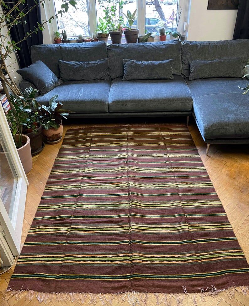 Romanian vintage carpet with stripes, made by hand in wool