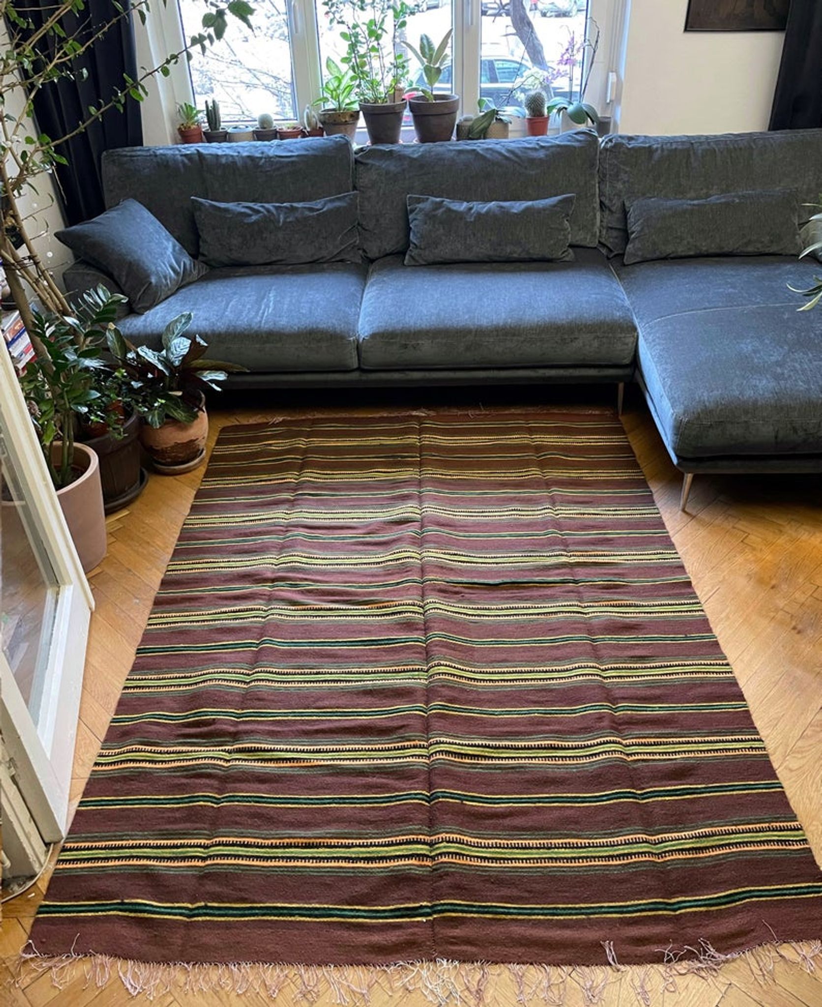 Romanian vintage carpet with stripes, made by hand in wool