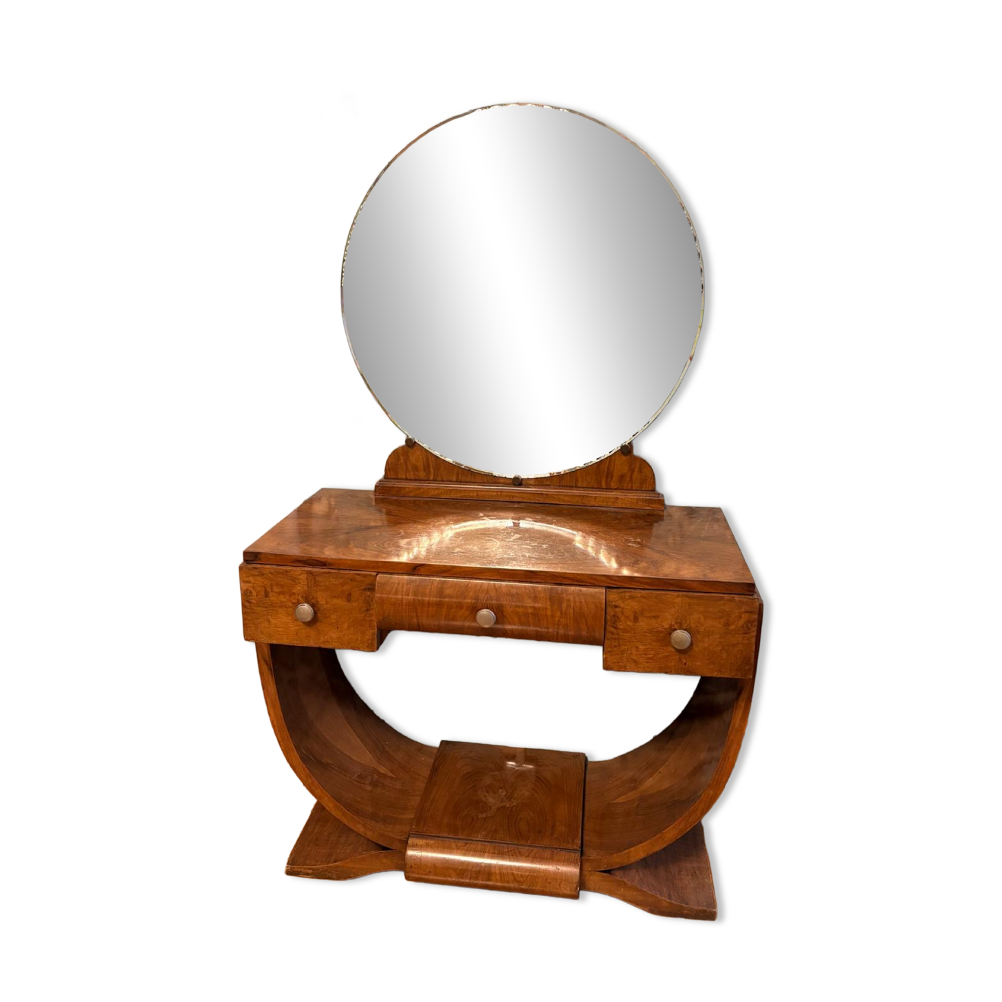 Art Deco walnut dressing table with round mirror – Vintage
