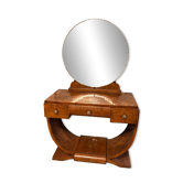 Coiffeuse Art Déco en noyer avec miroir rond – Vintage