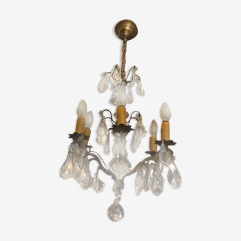 6-light chandelier with crystal pendants on bronze frame, Louis XV style