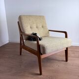 Vintage 80s Scandinavian armchair – wood and beige tweed