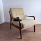 Fauteuil scandinave vintage années 80 – bois et tweed beige