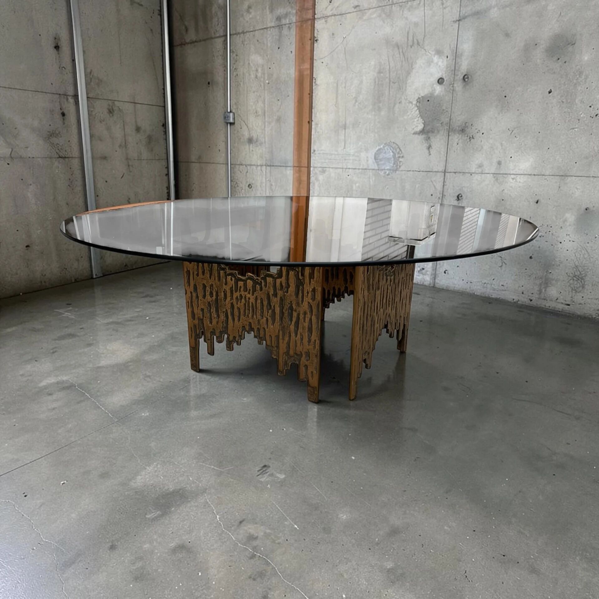 Brutalist handmade coffee table with glass top