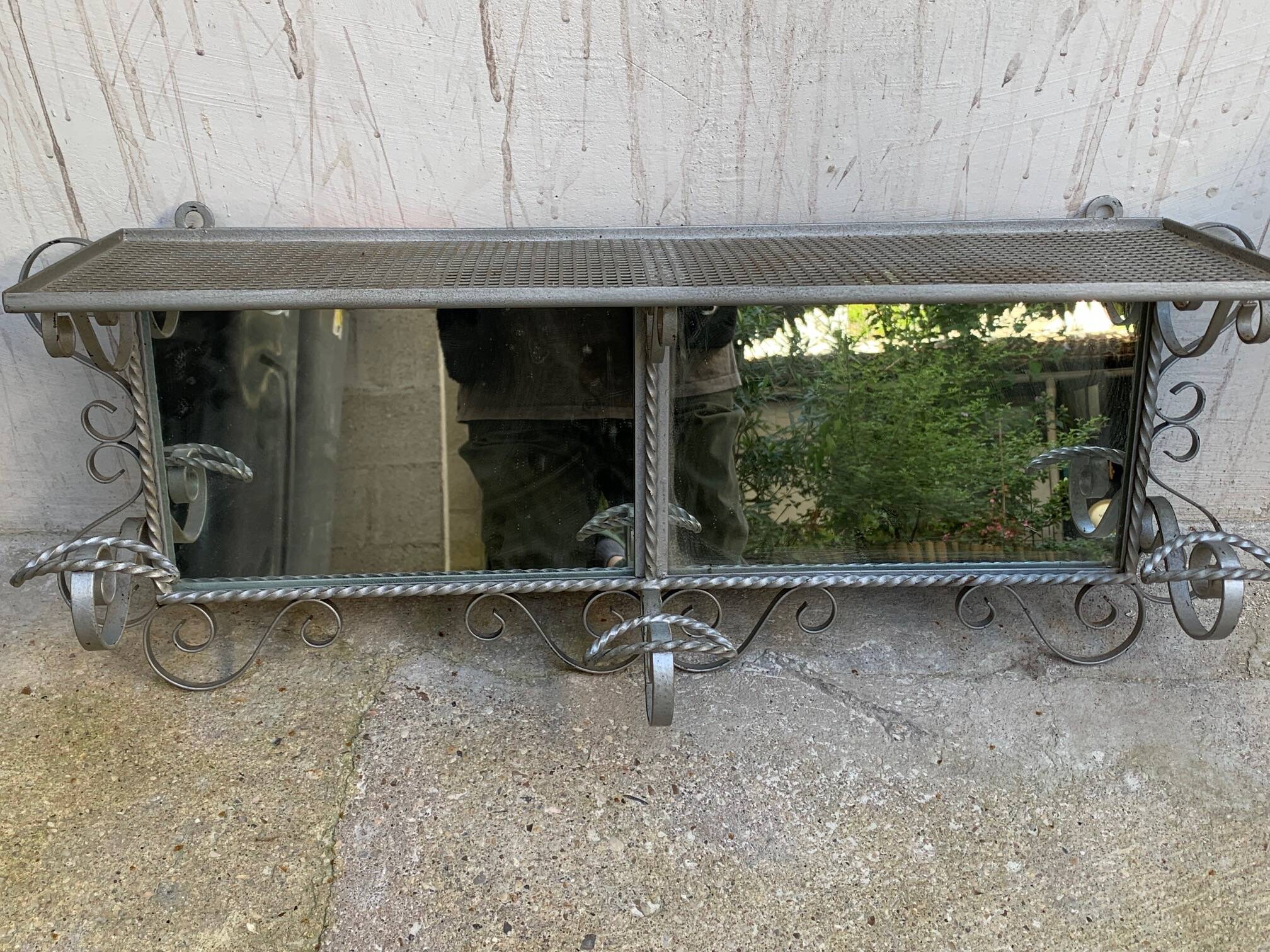Wall coat rack, wrought iron hook with vintage mirror.