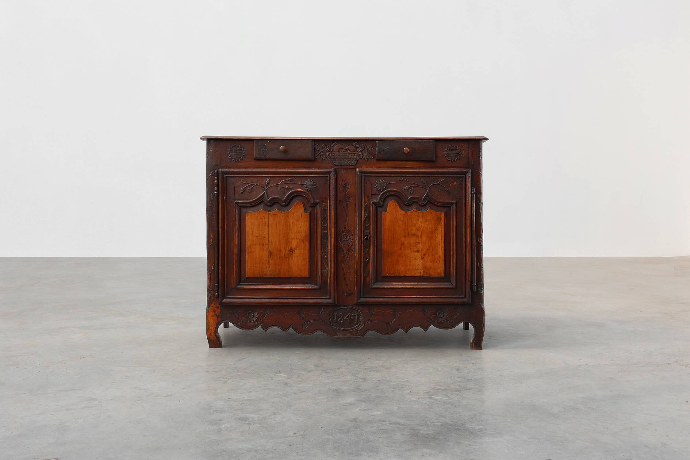 Rare French provincial carved cabinet or buffet with great patina, dated 18