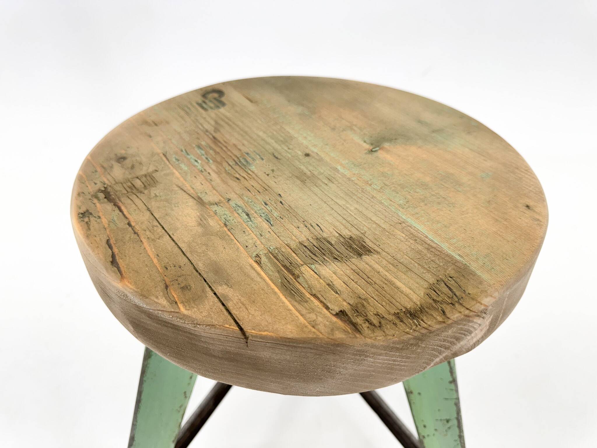 Vintage industrial steel & wood tripod stool, 1950's