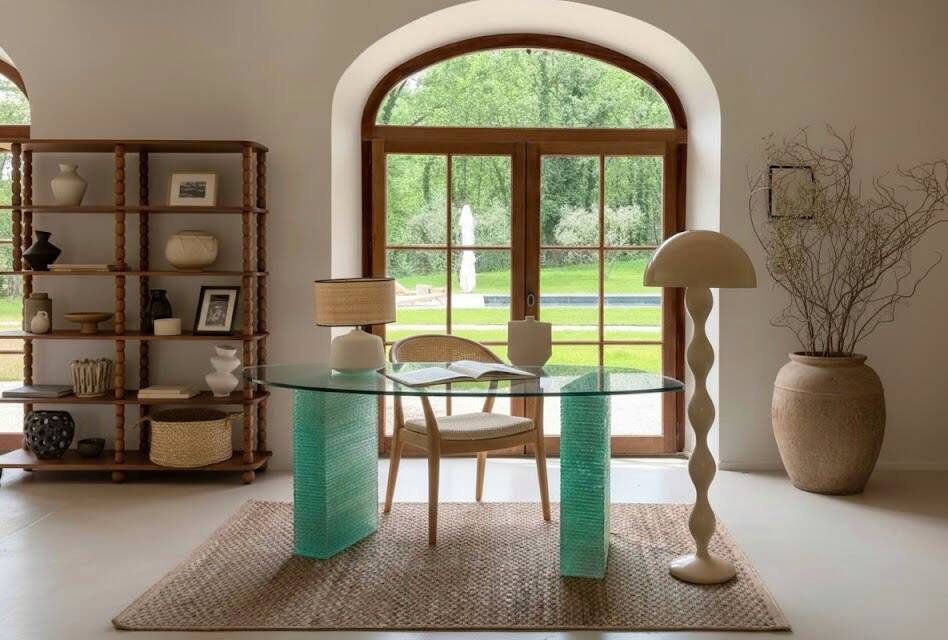 Solid glass desk with a half-moon top.