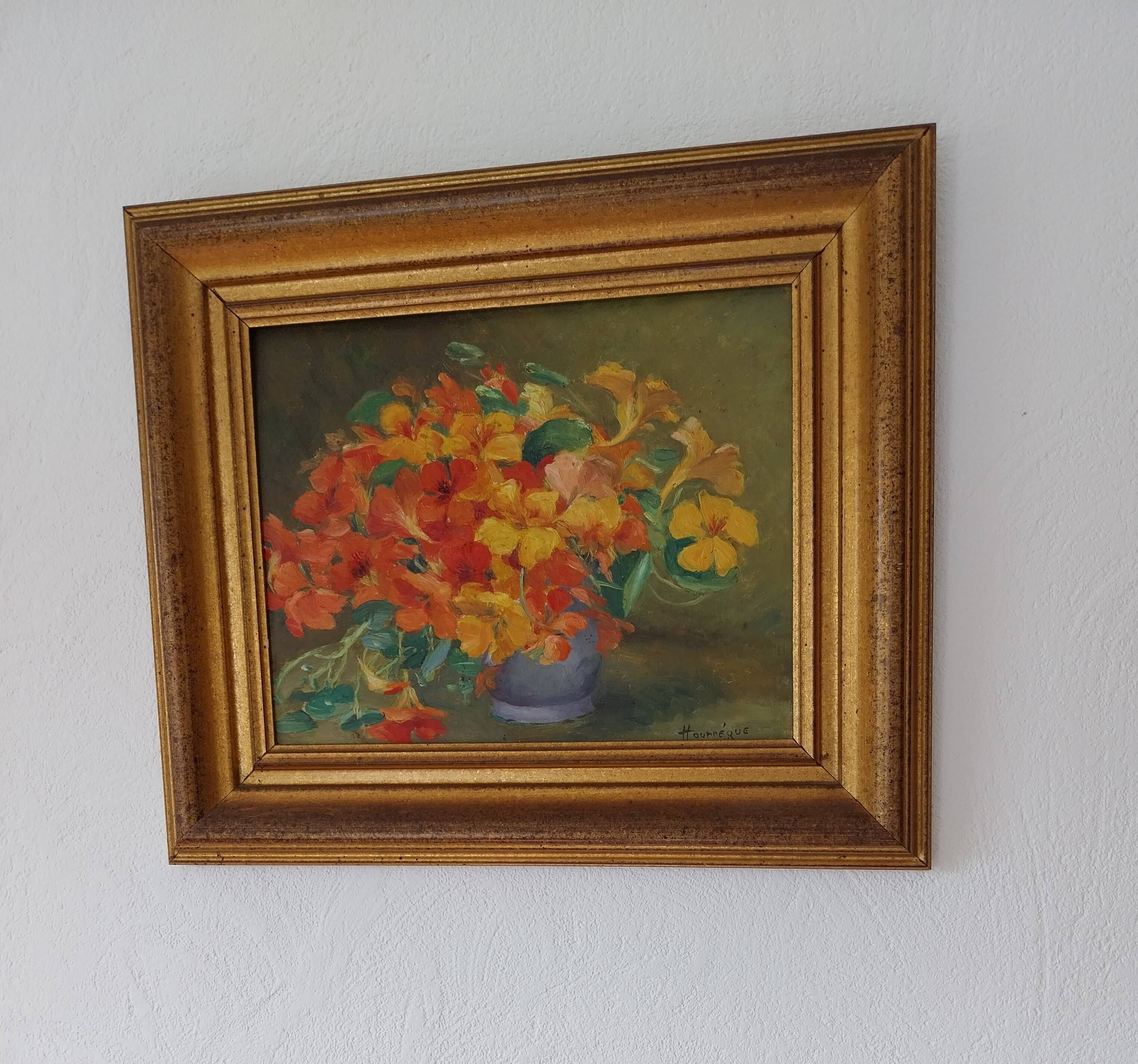 Huile sur panneau vintage signée Hourregue - bouquet de fleurs