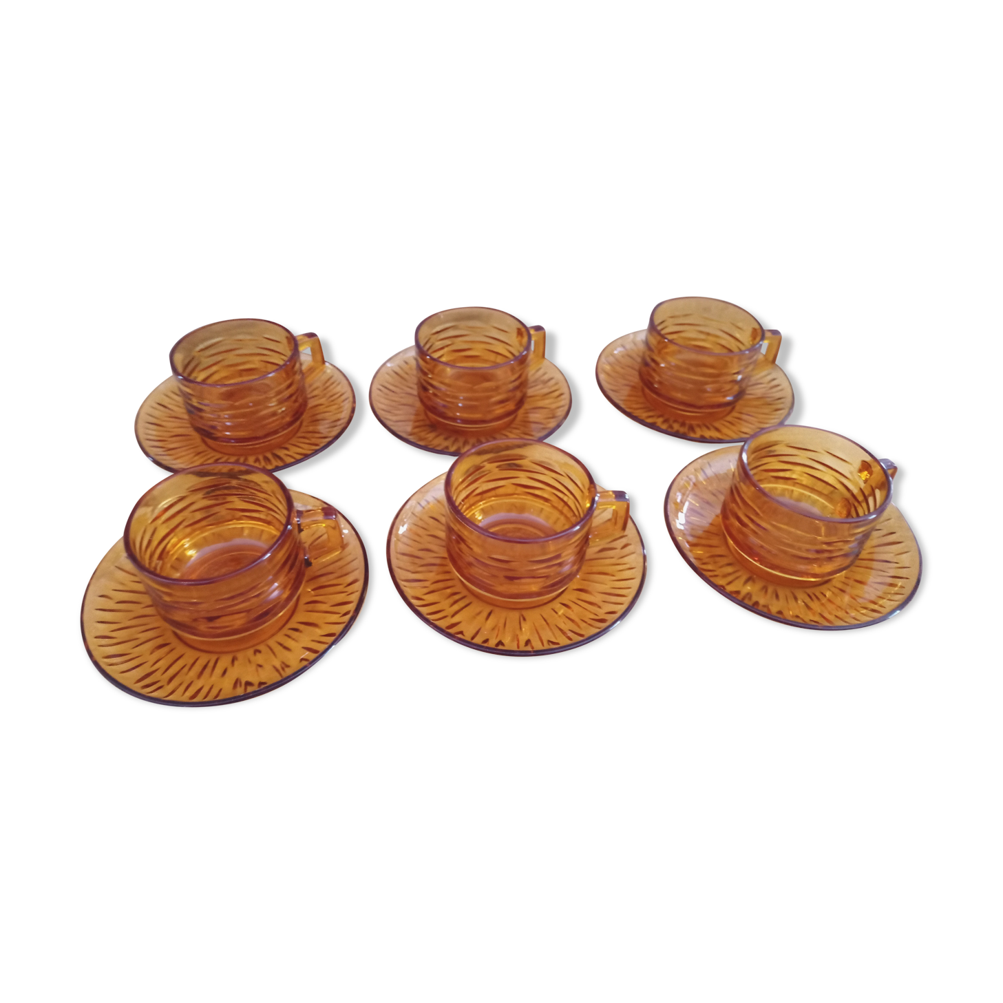 Lot of 6 coffee cups and vintage smoked orange subcups
