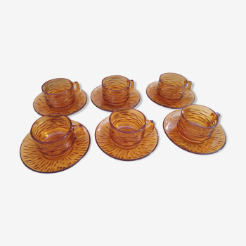 Lot de 6 tasses à café et sous-tasses vintage orange fumé