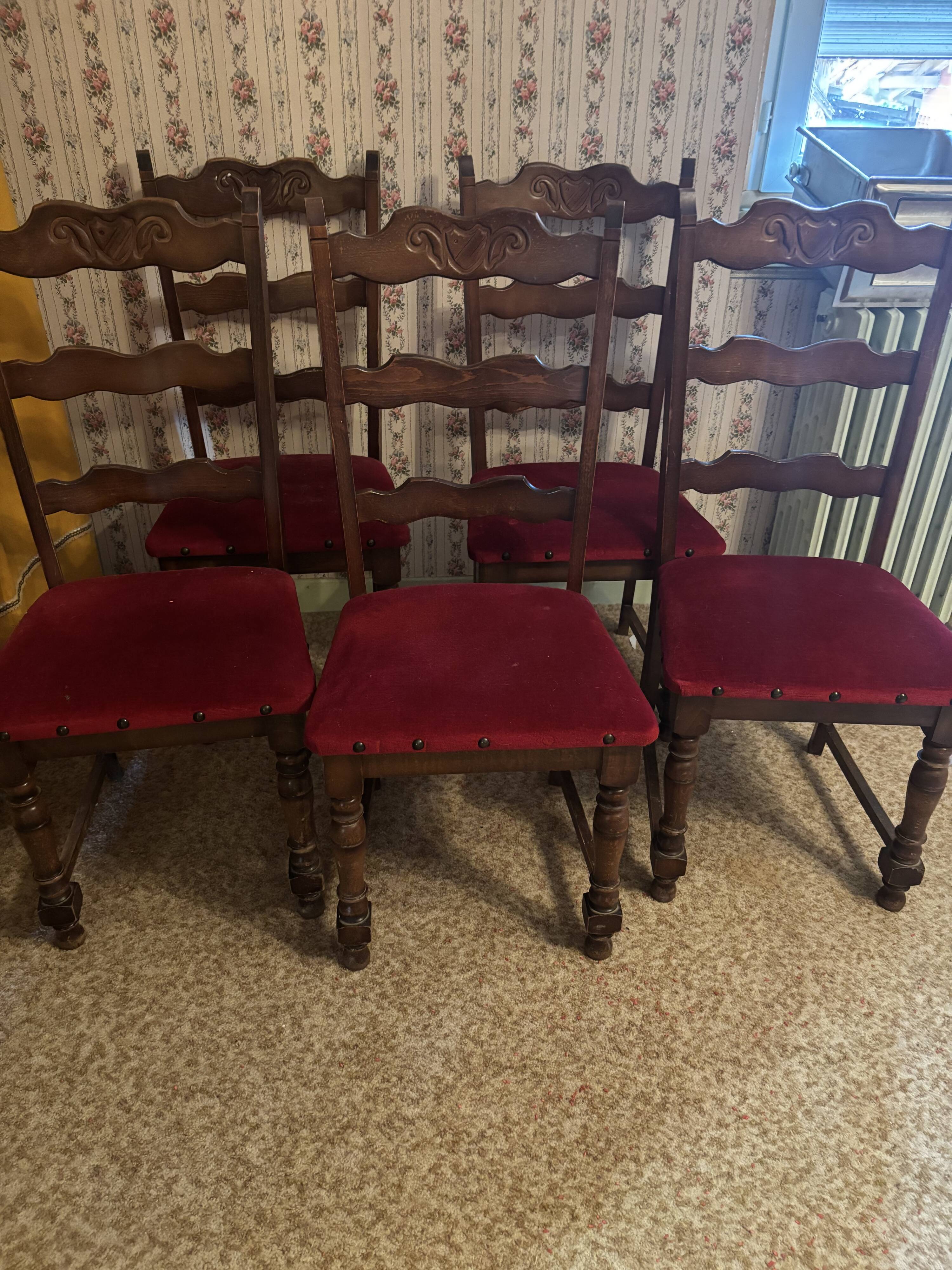 6 antique wooden and fabric chairs