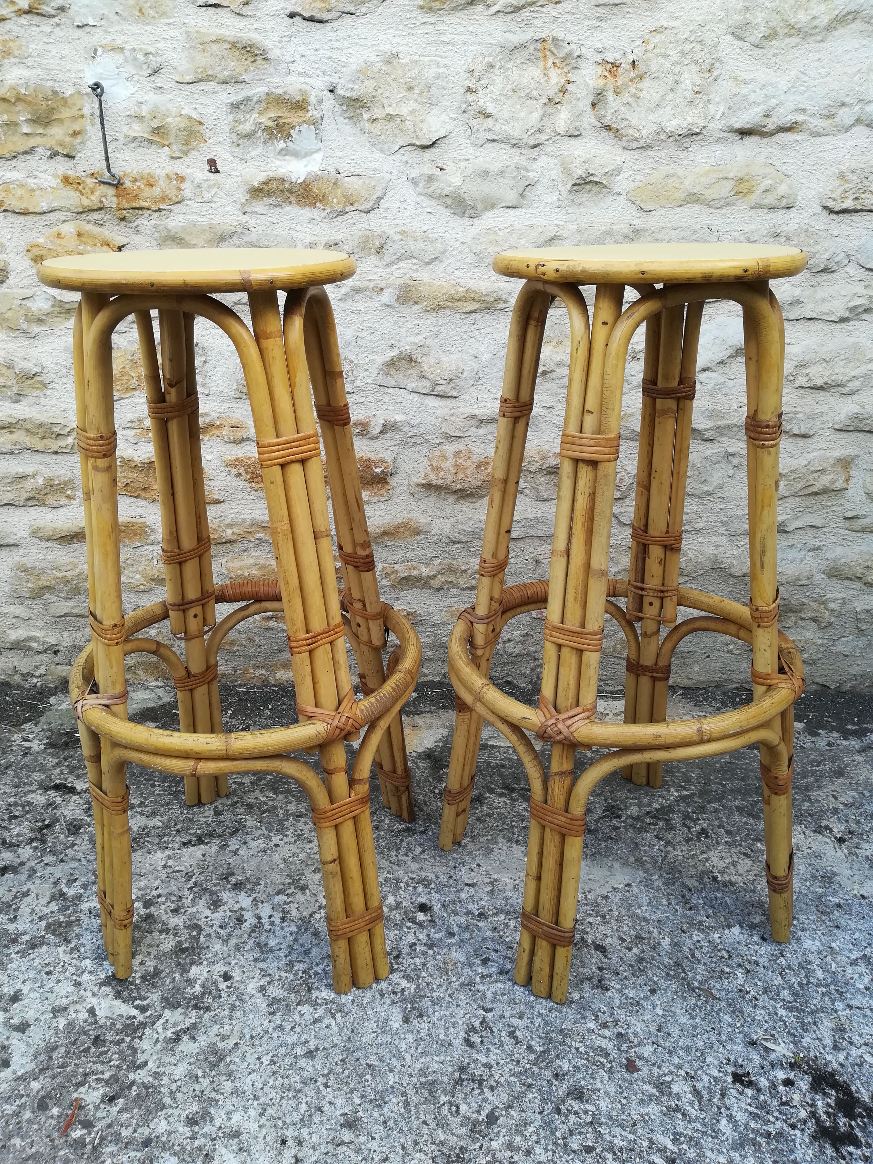 Bamboo tiki bar and two stools