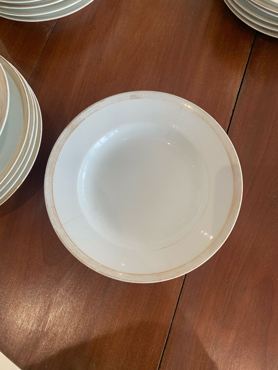 Lot of six soup plates, old, crockery, white, gilded