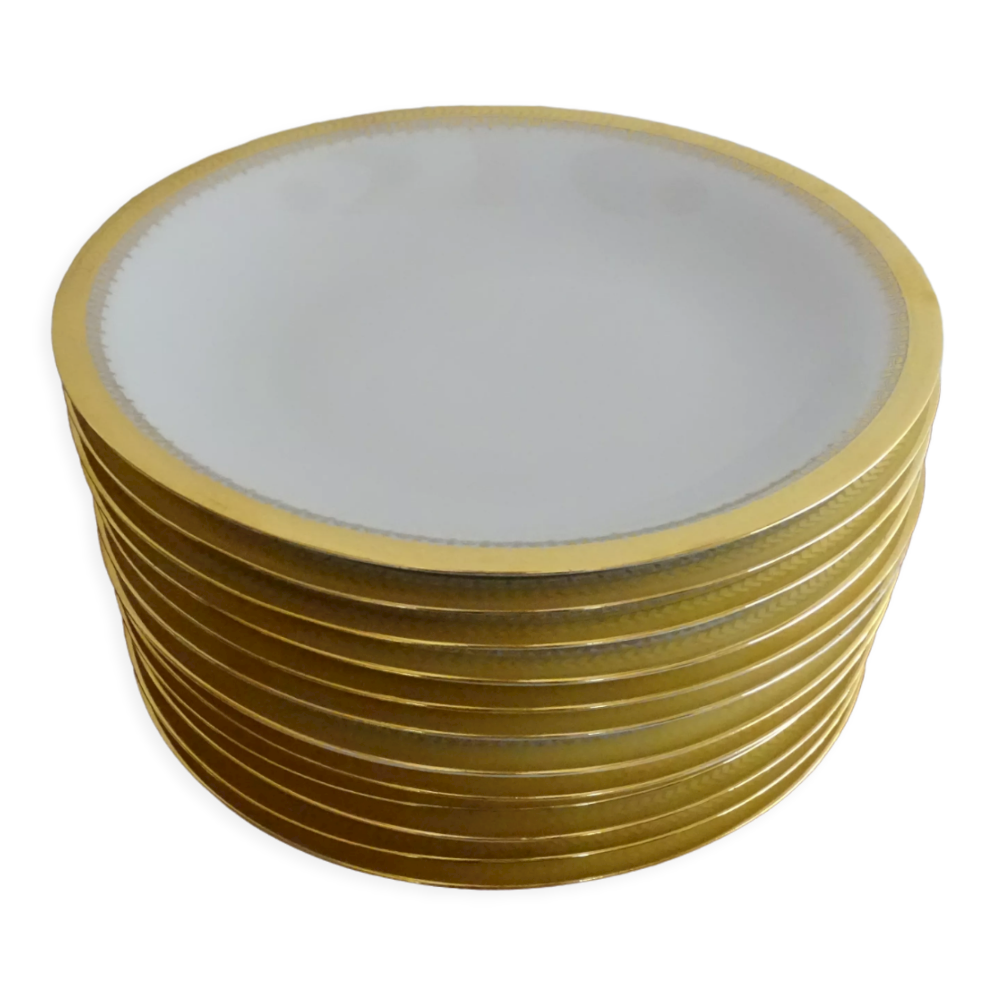 12 hollow plates porcelain of Sologne Larchevèque white and golden signed