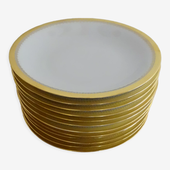 12 assiettes creuses porcelaine de Sologne Larchevèque blanches et dorées signées
